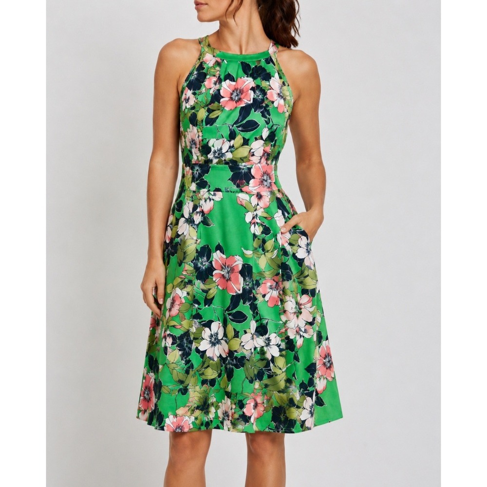 Cb established 1962 Green Floral Halter Fit and Flare Dress with Pockets Size 4